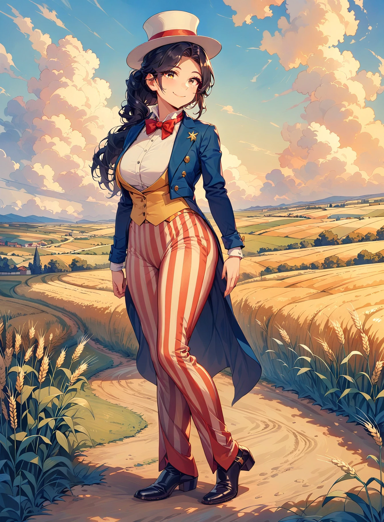 masterpiece, best quality, very aesthetic, absurdres, 1girl, solo, black hair, long hair, red vertical-striped pants, blue tailcoat, white top hat, yellow vest, (blue hat band with stars:0.5), white shirt, (black boots:0.75), red bowtie, boot clips, light-skinned male, smile, looking at viewer, from front, full body, wrinkles, standing, dirt road, (wheat fields:1.2), beautiful clouds, (city in the distance:0.75),