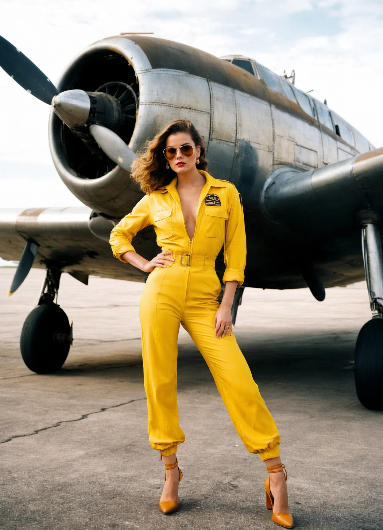 Cinematic, editorial photography, full shot of a fashion model wearing yelow aviator combinaison, striking a fierce pose, in fronnt of and old plane, circa 1950, shot by Canon EOS R6 using Kodak Portra 400, by Steven Meisel, strong, high key lighting, saturated tones
