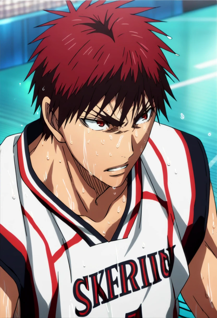 score_9, score_8_up, score_7_up, score_6_up, detailed, ,source_anime, taiga kagami, red hair, red eyes, 1boy, male focus, solo, white sportwear, sweat, basketball uniform,basketball, , source_<lora:EMS-403084-EMS:1.000000>