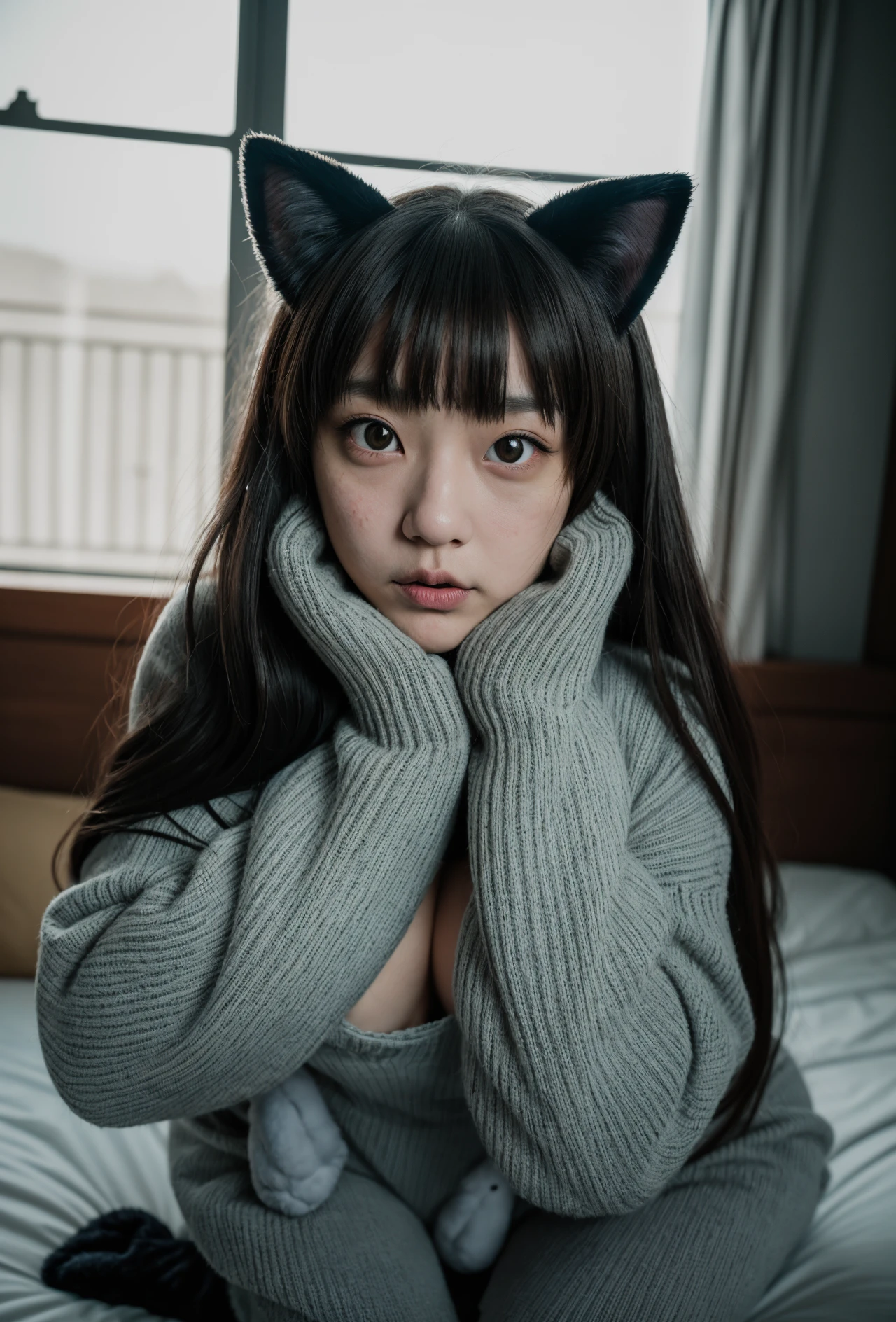 best quality, masterpiece, realism, realistic, 1girl, long sweater fursuit with cat costume, hands behind the head, breasts cut-out, full body fursuit, adult girl, analogue photo of 1girl in costume, looking at viewer, long hair, extremely beautiful detailed face, medium breasts, temptations look, eye level,professional photo, high contrast exposure, soft bokeh, high key light, hard shadow, soft bokeh, playful theme,