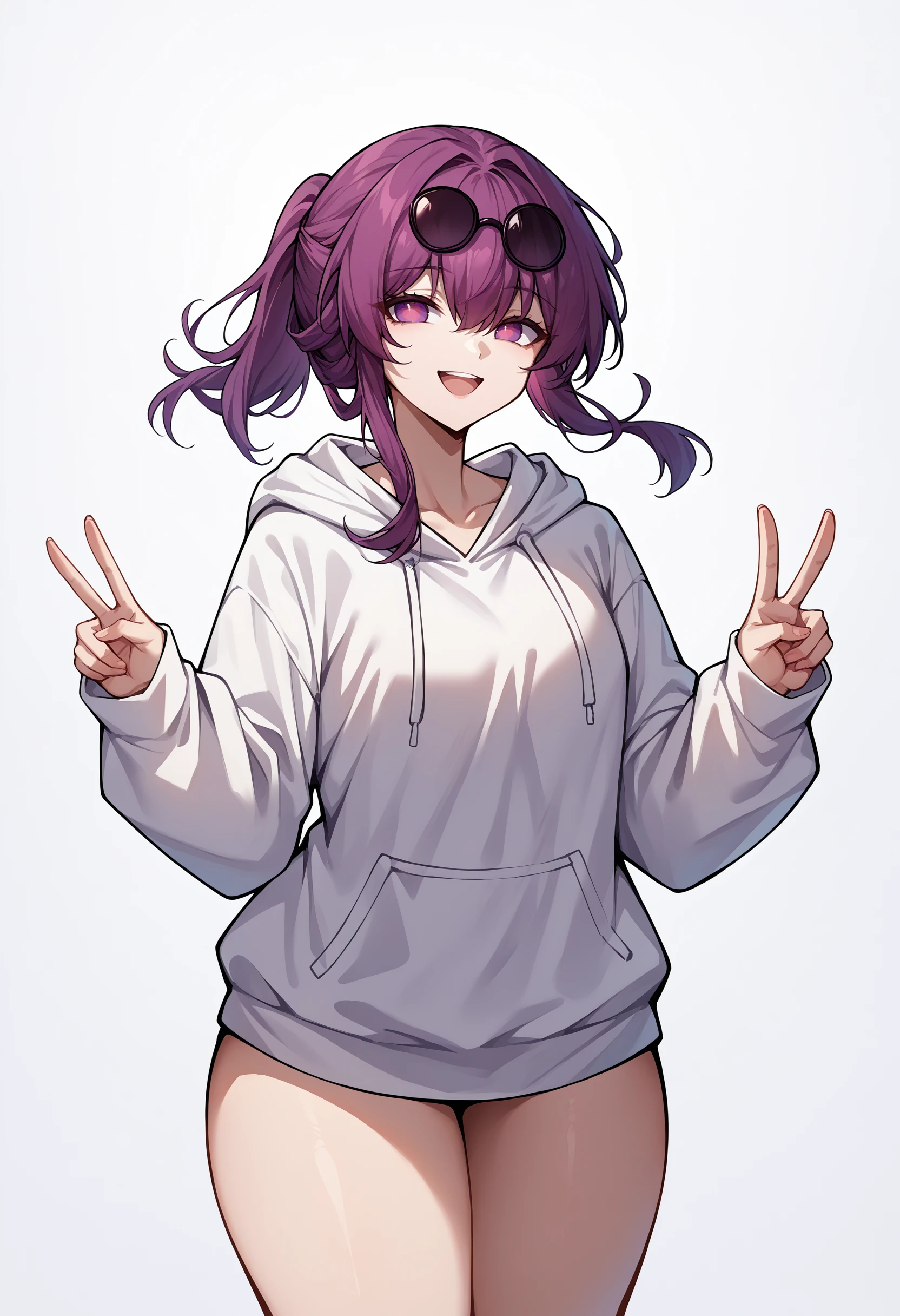 score_9, score_8_up, source_anime, 1girl, solo, KafkaHSR, purple eyes, long hair, ponytail, sidelocks, sunglasses on head, smile, open mouth, white hoodie, long sleeves, oversized hoodie, bottomless, thick thighs, v, simple background, white background, <lora:ChamKafkaHSRPonyXL:1>