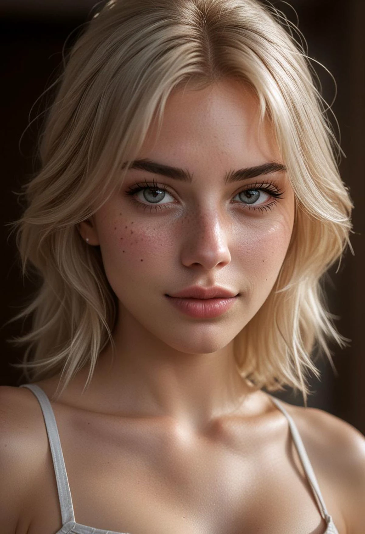 portrait of main female char of lucy, Photo, (sharp focus:1.2), attractive woman, (beautiful face:1.2), detailed eyes, (smile smirk:1
1), (pouted lips:1.1), (body freckles:0.6), (normal natural breasts:0.8), (toned body:1.2), shiny (platinum blonde hair:1.1), depth of field,4K, HDR.