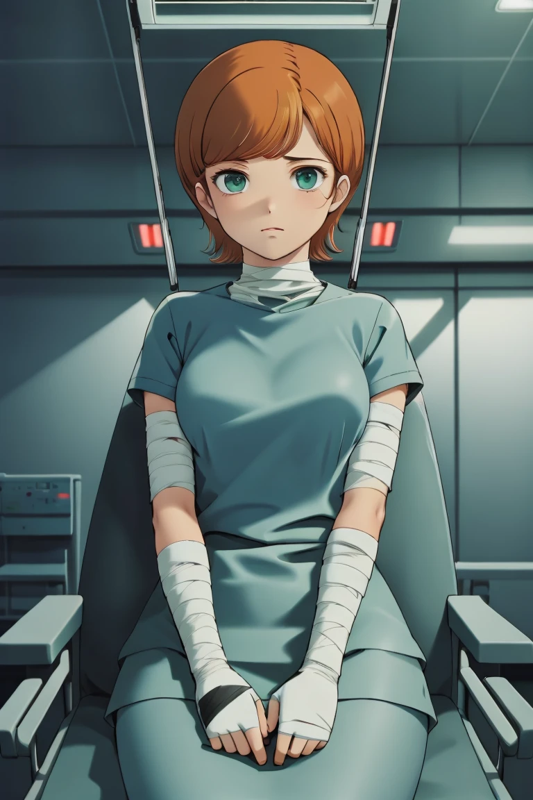 (RAW photo, best quality,facing the viewer,from front), operating room, overhead surgical light,blurred background, focused, dithering,backlighting,
 <lora:CM_Patient_ICU_Bandaged_V2.0-000004:0.85> patient_bloodyband_icu, 1girl, solo, bandages, intravenous drip, hospital bed, bandaged head, lying, 
 <lora:minevalaozabi003:0.7> short hair, orange hair, green eyes, minevalaozabi,solo,1girl,