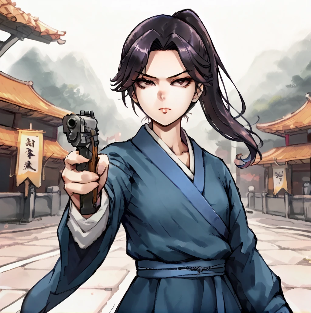 score 9, score 8 up, score 7 up,<lora:live_story_boy:0.75>,  an asian woman in a blue kimono is aiming pistol,Handsome and serious expression,  <lora:Pony_Weapon_Pistol_-_By_HailoKnight:0.8>