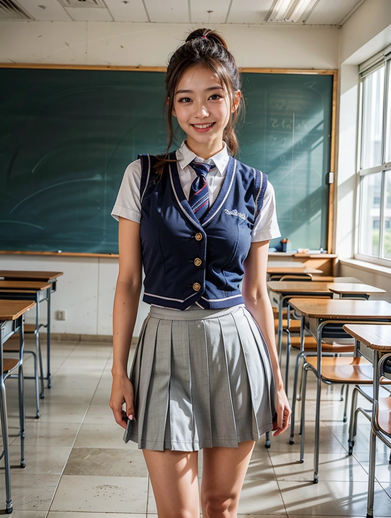 <lora:add_detail:0.25> (realistic, photo-realistic, blurry background:1.3),
1girl, 27yo japanese female, large breasts, ponytail, looking at viewer, smile,
standing, collared white shirt, blue vest, blue frilled skirt, (school uniform:1.2),
<lora:Kokuban-kyoshitsu:0.7> classroom, tile floor, concrete wall, window