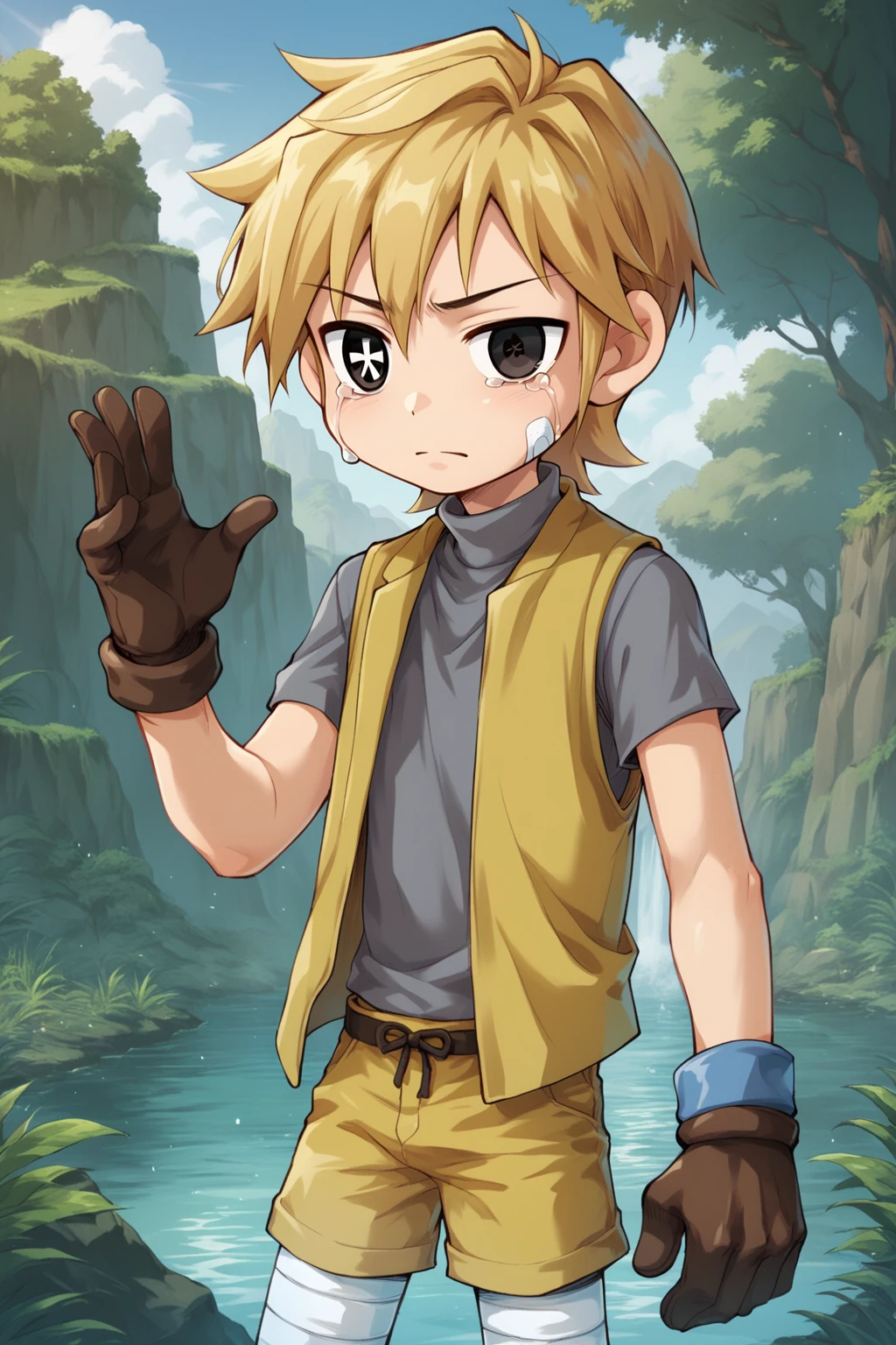 score_9, score_8_up, score_7_up, score_6_up, score_5_up, score_4_up, source_anime, cowboy shot, outdoors, 1boy, solo, kid, Aruru, black eyes, symbol shaped pupils, blonde hair, short hair, bandaid on cheek, grey shirt, opened vest, yellow vest, t-shirts, turtleneck, brown gloves, single wristband, blue wristband, yellow shorts, bandaged leg, <lora:Arurupony:0.85>, crying