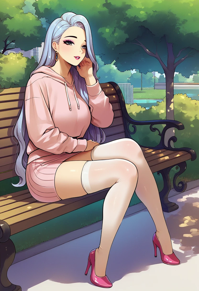 score_9, score_8_up, score_7_up, 1girl, exterior, park, long hair, high heels, stockings, skirt, long sleeve sweatshirt, sitting on a bench, <lora:ABBB_Style_PDXL:0.9> abbbxl, makeup,