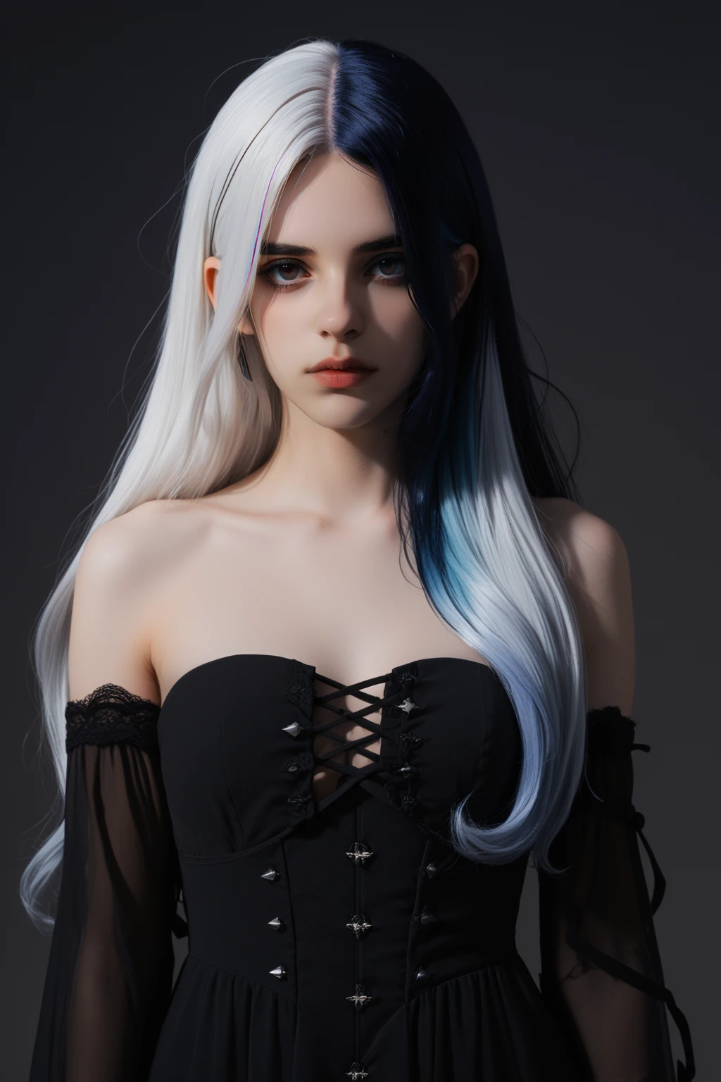 gothic, woman, long hair, blue eyes, beautiful, gorgeous, pale hair, detailed background, RAW photo, subject, 8k, soft lighting, high quality, film grain, Fujifilm 