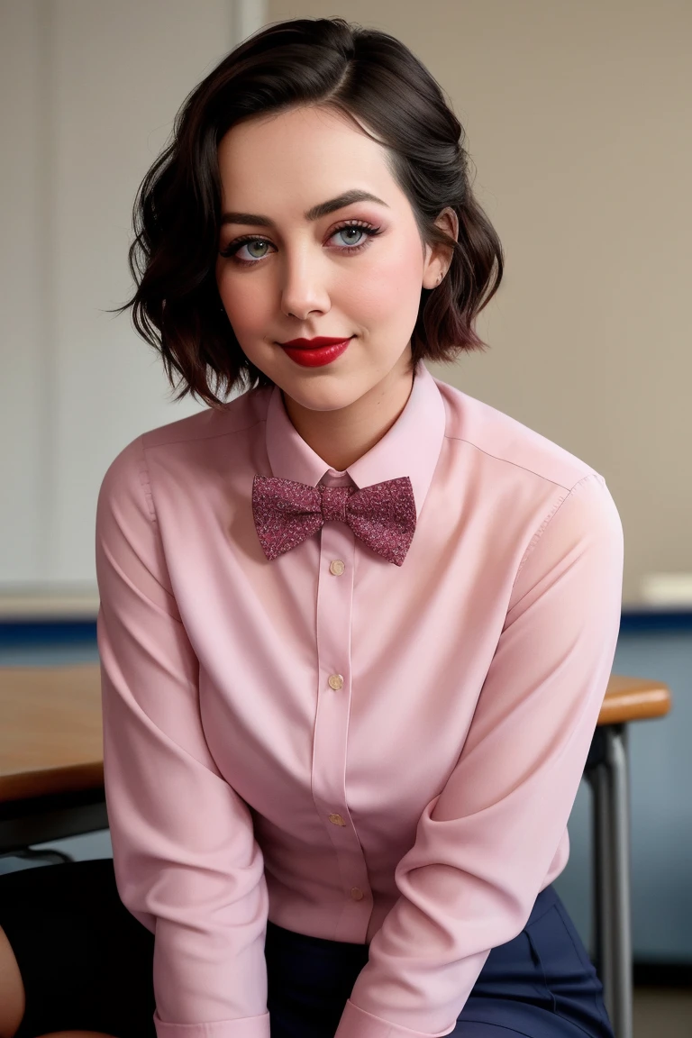 emmafuhrmann, ((red lipstick, blush)), ((detailed eyes, beautiful eyes, detailed face, beautiful face):1.2), ,photo of a woman, RAW, ((bowtie, shirt)),((short hair)), ((classroom, sitting)), slim body, 8k uhd, dslr, soft lighting, high quality, film grain, Fujifilm XT3 sharp focus, f 5.6,((red lipstick, blush)) , slight smile