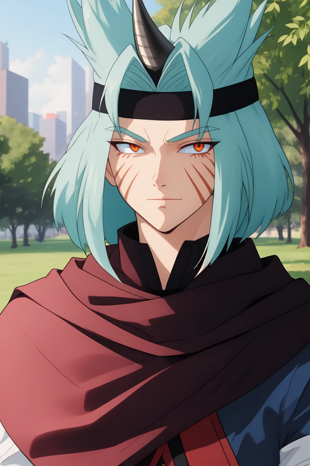 (valgaav:1.4), vibrant colors, colorful, original, orange eyes, cyan_hair, city, park, grass, trees,cape , facial mark, (headband:0.8), single horn <lora:Valgaav0001:0.6>, short hair, bare, high collar,