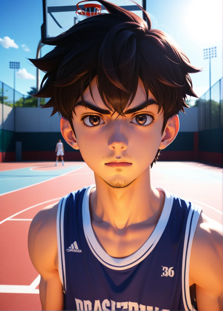 anime artwork manga style An epic concept render unfolds on a dark, moxie1776 20 year old american man, buzzed dark hair, no facial hair, happy and expression, closed mouth, close-up, looking at viewer, outdoor basketball court  in the background,  <lora:moxie1776:0.6>,  <lora:zavy-cntrst-sdxl:0.6> dark, chiaroscuro, low-key . vibrant, high-energy, detailed, iconic, Japanese comic style, . anime style, key visual, vibrant, studio anime,  highly detailed