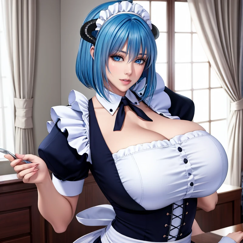 <lora:cyanbaru4:0.7>,1girl, cyanbaru, solo, large breasts, blue hair, horns, huge breasts, blue eyes, maid, maid headdress