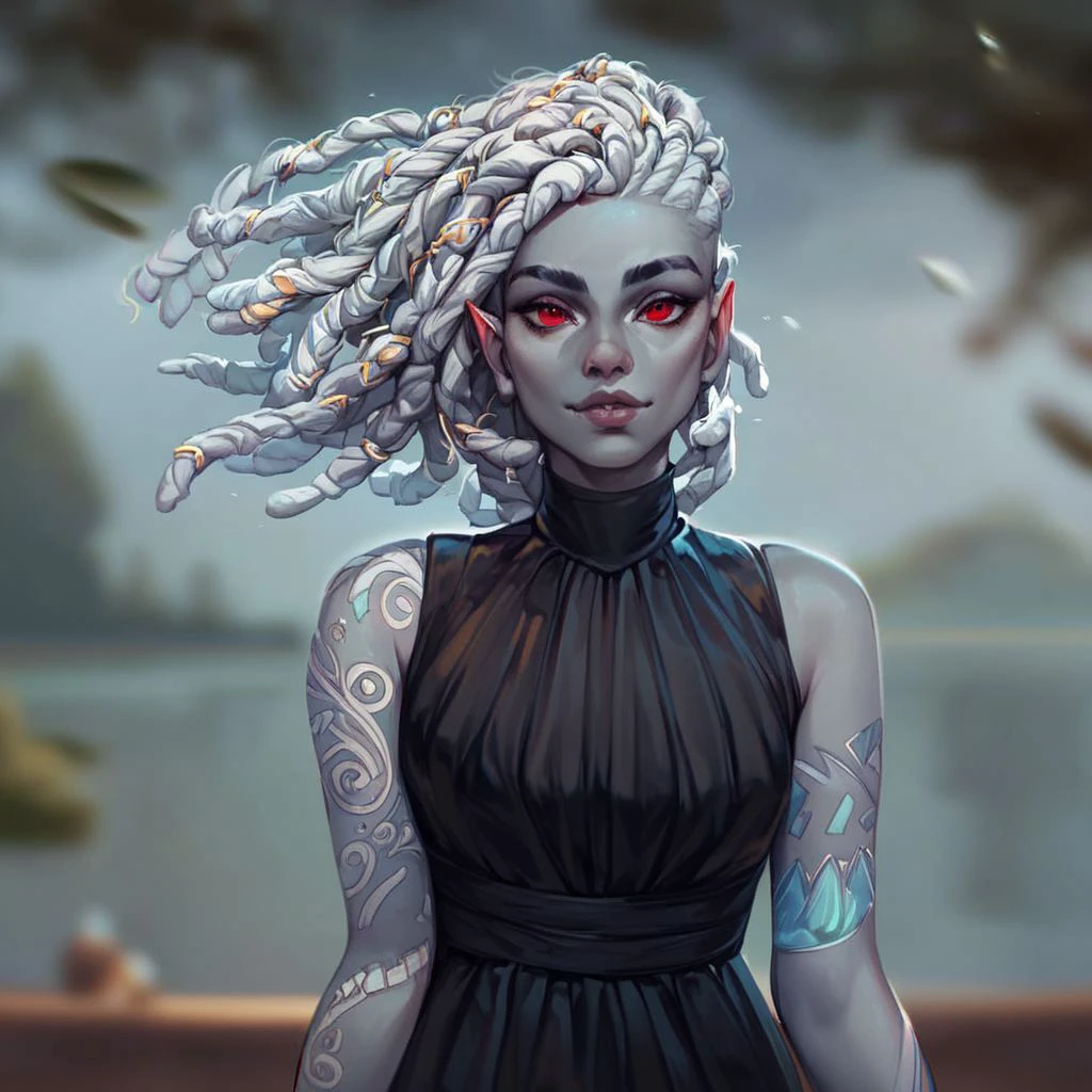 (((beautiful, high quality))), upper Body, score_9, score_8_up, score_7_up, 
AirGenasi, pointed ears, wind, tousled hair, tattoos, 
1girl, red eyes, grey skin, white dreadlocks, tattoo, black dress,
looking at the viewer, posing, blurred background,