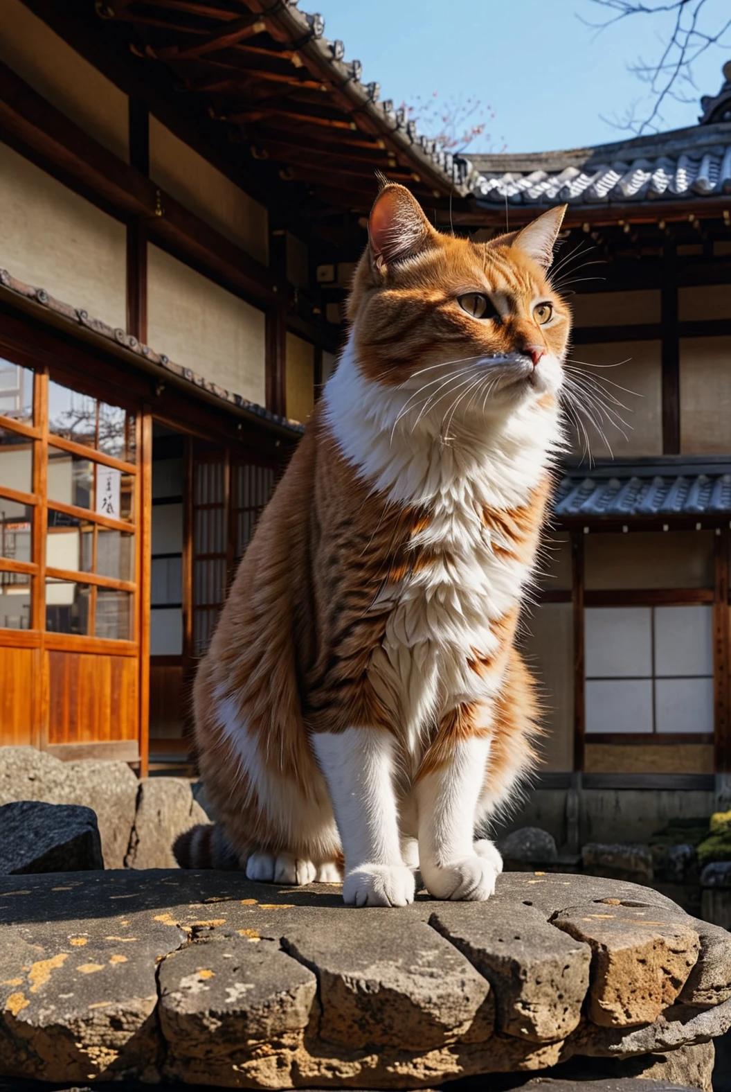 cat on rock, Japanese building in background, detailed walls, detailed roof, accurate japanese building, sharp image, detailed fur, accurate feline
[reflections, vibrant lighting, realistic, high quality photo, 4k, hd,  7-JapaneseArchitecture ]
   <lora:Japanese Architecture v1.0:0.6>