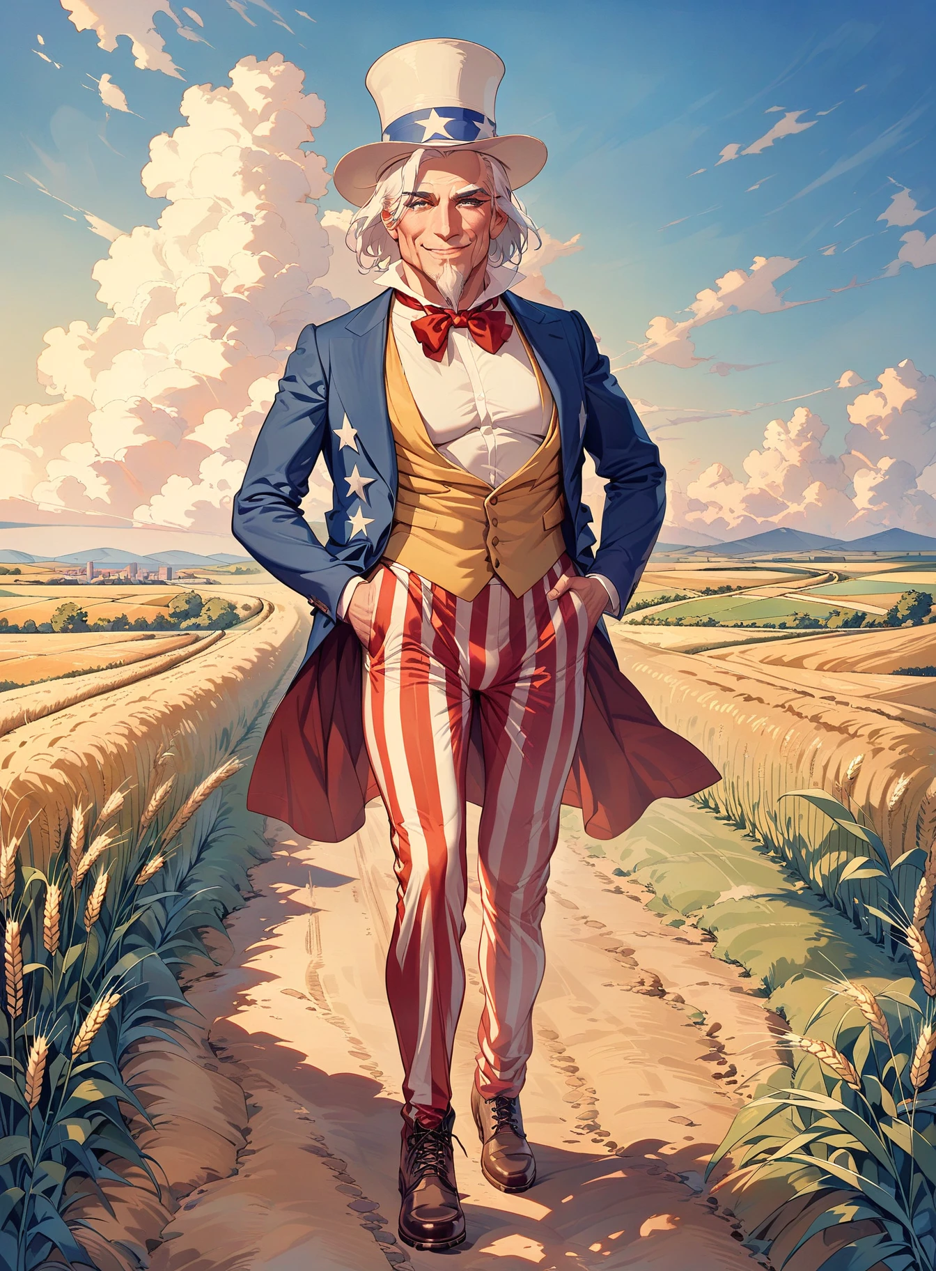 masterpiece, best quality, very aesthetic, absurdres, uncle sam, 1boy, solo, white hair, long goatee, red vertical-striped pants, plain blue tailcoat, white top hat with (blue hat band with stars:0.75), yellow vest, white shirt, (black boots:0.75), red bowtie, boot clips, light-skinned male, smile, looking at viewer, from front, full body, standing, dirt road, (wheat fields:1.2), beautiful clouds, (city in the distance:0.75)