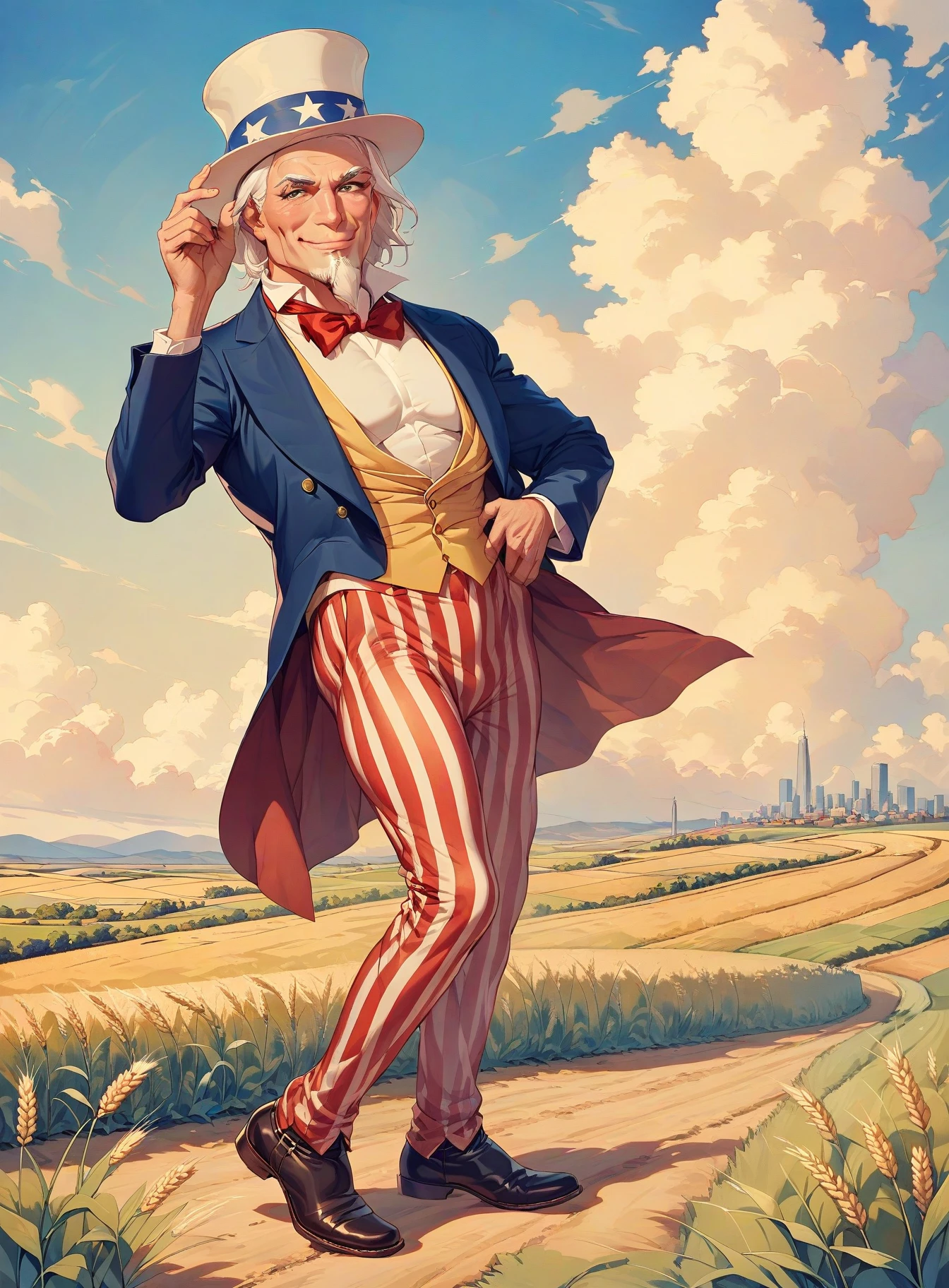 masterpiece, best quality, very aesthetic, absurdres, <lora:uncle_sam_animagine_xl_3_1_v01-000020:1>uncle sam, 1boy, solo, white hair, long goatee, red vertical-striped pants, plain blue tailcoat, white top hat with (blue hat band with stars:0.75), yellow vest, white shirt, (black boots:0.75), red bowtie, boot clips, light-skinned male, smile, looking at viewer, from front, full body, standing, dirt road, (wheat fields:1.2), beautiful clouds, (city in the distance:0.75) <lora:EldritchRomanceIllustration1.3.1:1>