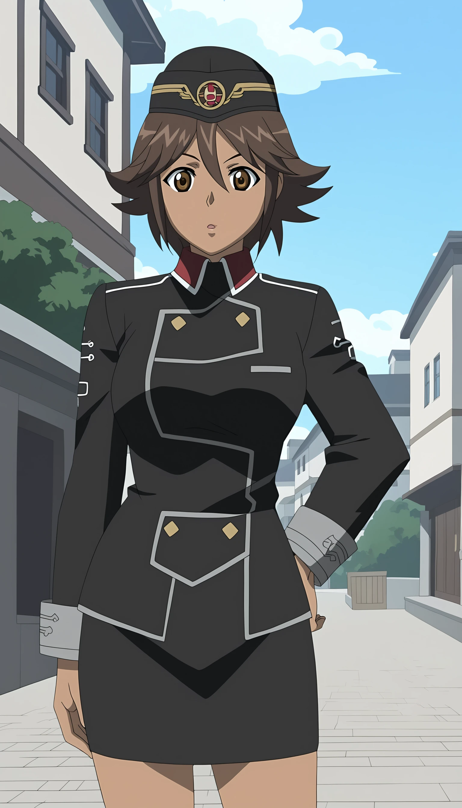 score_9, source_anime BREAK, oldest, anime screencap, outdoors, town, day, pose,  <lora:CelicaYayoi(Pony)-6:1>CelicaYayoi, 1girl, solo, short hair, brown hair, hat, jewelry, buttons, yellow buttons, uniform, military uniform, multicolored uniform, collared uniform, long sleeves, dark skin, dark-skinned female, looking at viewer, black uniform, pencil skirt,