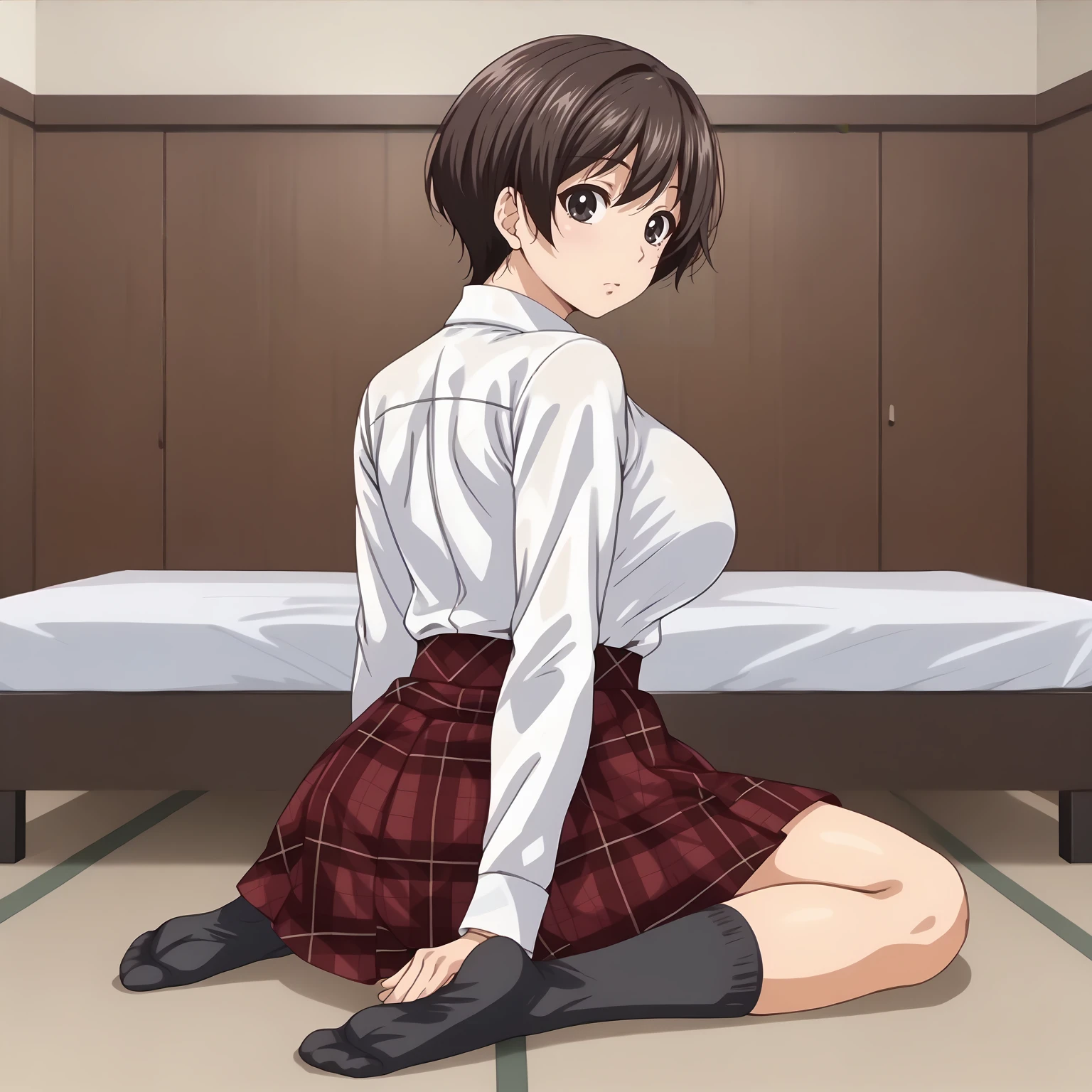 <lora:YukiHanamiyaXLpony001>,
solo,
YukiHanamiya,1girl,dark brown hair,short hair,black eyes,
large breasts,
white shirt,long_sleeves,
plaid_dress,red skirt,
black socks,
full body,sitting,looking back,