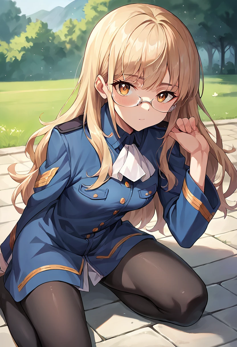 score_9, score_8_up, score_7_up, source_anime, masterpiece, 1girl, ctianperrine, black pantyhose, blue uniform, ascot, looking at viewer, outdoors,<lora:Perrine_Strike_Witches_Pony_ct:0.8>