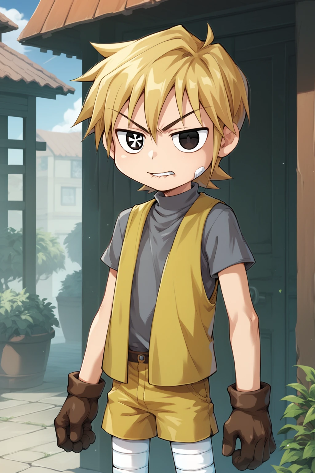 score_9, score_8_up, score_7_up, score_6_up, score_5_up, score_4_up, source_anime, cowboy shot, outdoors, 1boy, solo, kid, Aruru, black eyes, symbol shaped pupils, blonde hair, short hair, bandaid on cheek, grey shirt, opened vest, yellow vest, t-shirts, turtleneck, brown gloves, yellow shorts, bandaged leg, <lora:Arurupony:0.85>, angry, lip biting