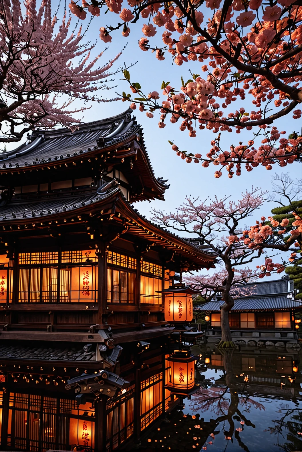 japanese temple, detailed structures, detailed building, warm lanterns, walnut wood grain, cherry blossom trees
[reflections, vibrant lighting, realistic, high quality photo, 4k, hd, 7-JapaneseArchitecure]
   <lora:Japanese Architecture v1.0:0.5>