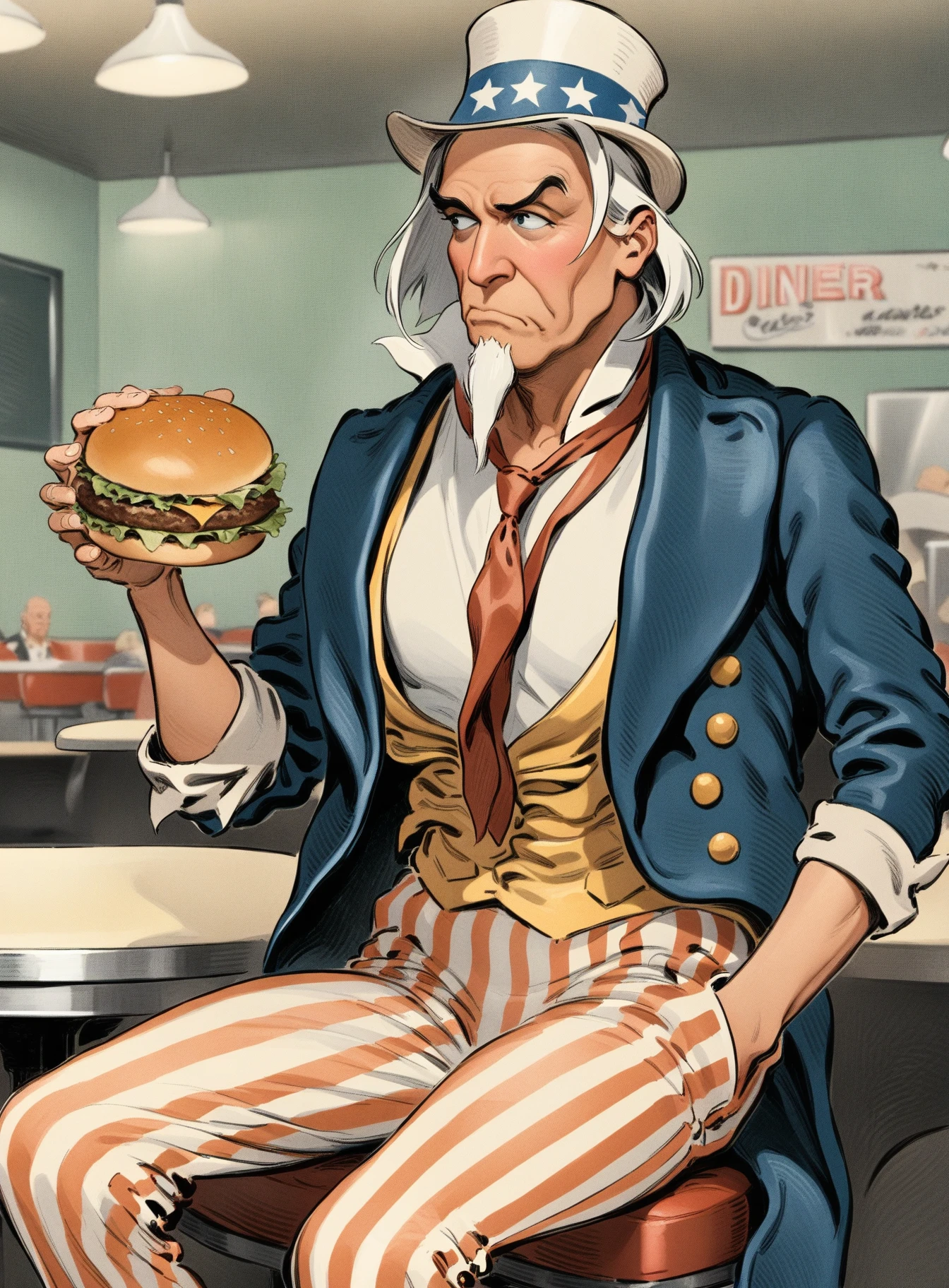 masterpiece, best quality, very aesthetic, absurdres, uncle sam, 1boy, white hair, long goatee, red vertical-striped pants, blue tailcoat, yellow vest, white shirt, sleeves rolled up, white hat with blue hat band, red undone necktie, light-skinned male, looking to the side, from the side, half body, sitting, eating, :t, hamburger in mouth, 1950s diner, table, seats, (counter in background)