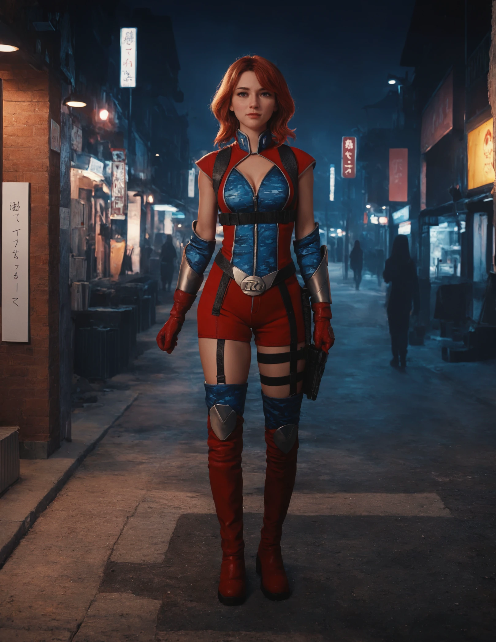 score_9, score_8_up, score_7_up,high res,high resolution,anime, drawing,frcrk woman,1girl,red hair,medium length hair,jumpsuit,thighhighs,shoulder straps,gloves,boots
,full body shot,front view,rim lighting,standing,street background