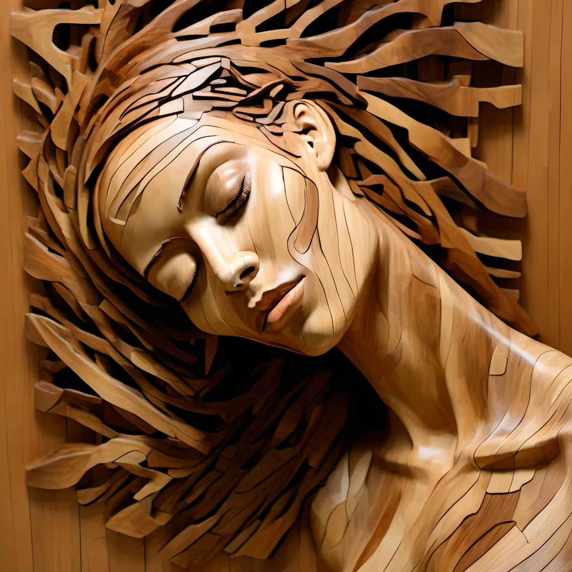 woodenart, a wooden sculpture of a woman with her eyes closed <lora:woodenart:1>