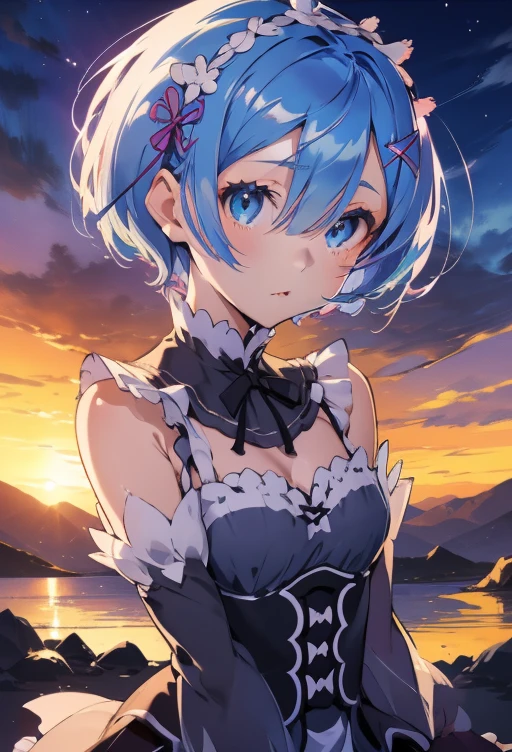 leimu, 1girl,solo,  blue eyes, rem \(re:zero\), x hair ornament, halterneck, short hair, blue hair,