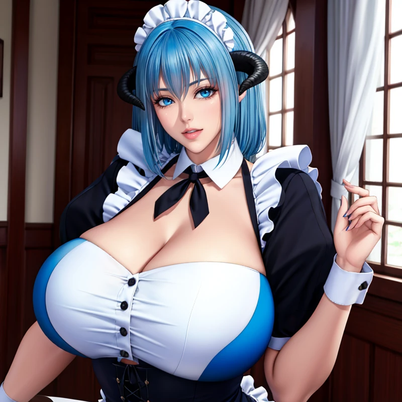 <lora:cyanbaru4:0.7>,1girl, cyanbaru, solo, large breasts, blue hair, horns, huge breasts, blue eyes, maid, maid headdress