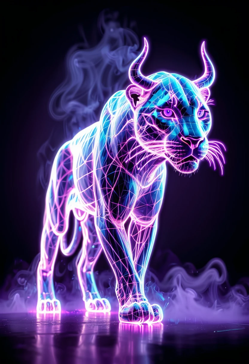 <lora:artfullyANIMALWIRE_SDXL_V1:1>, artnmlwr,  3D full body hologram of a majestic panther, 3D full body shot of a stalking panther made from neon glowing wireframe, A majestic panther made of intricate digital lines and glowing neon colors, a hyper realistic oil painting in the style of cyberpunk elements., cool lighting, dark background with a purple glow behind it, fantasy style digital art., glowing lights on its horns and skin, high resolution., in the style of digital art, neon lights and smoke around the animal, stalking majestically against the backdrop of dark purple smoke, symbolizing strength in business. Intricate glowing hologram line art in the style of digital artists., the whole figure is made up in the style of a geometric wireframe structure, ultra-detailed textures, with a dark background and neon light purple and blue smoke in the style, with purple and blue smoke in the background against a black dark background