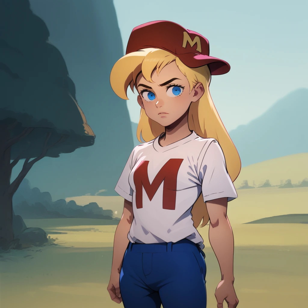 score_7_up, BREAK, 1girl, solo, Maxine, blonde hair, long hair, blue eyes, red hat, white shirt, short sleeves shirt, blue pants, <lora:Maxine_MightyMax_PXL_Leaf1:1>, cowboy shot,   outdoors,