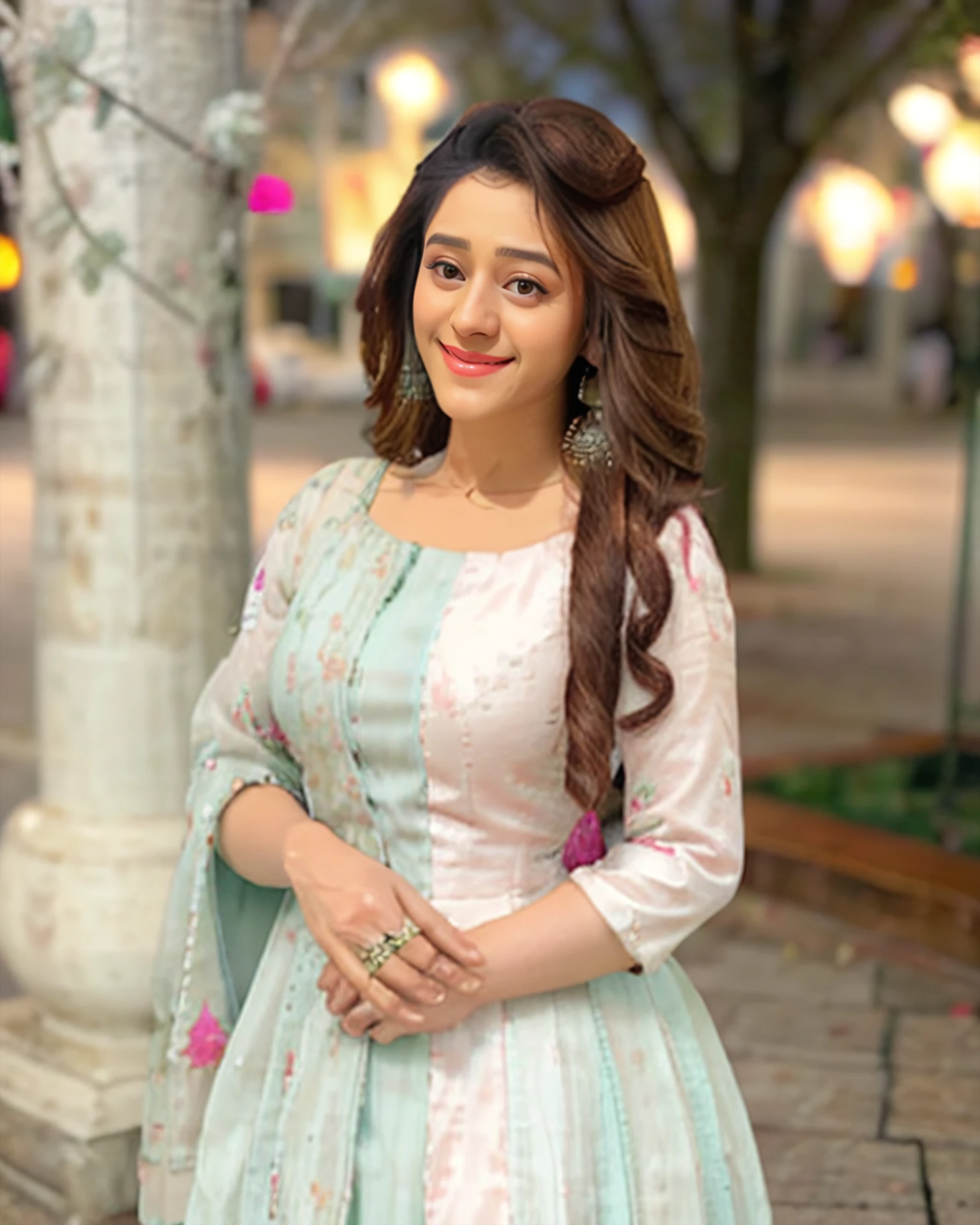 photo of hiba, wearing Mint Green ethnic clothes, curls, smile, facing viewer, looking at viewer, background bokeh  <lora:hiba_OT_multires:1>