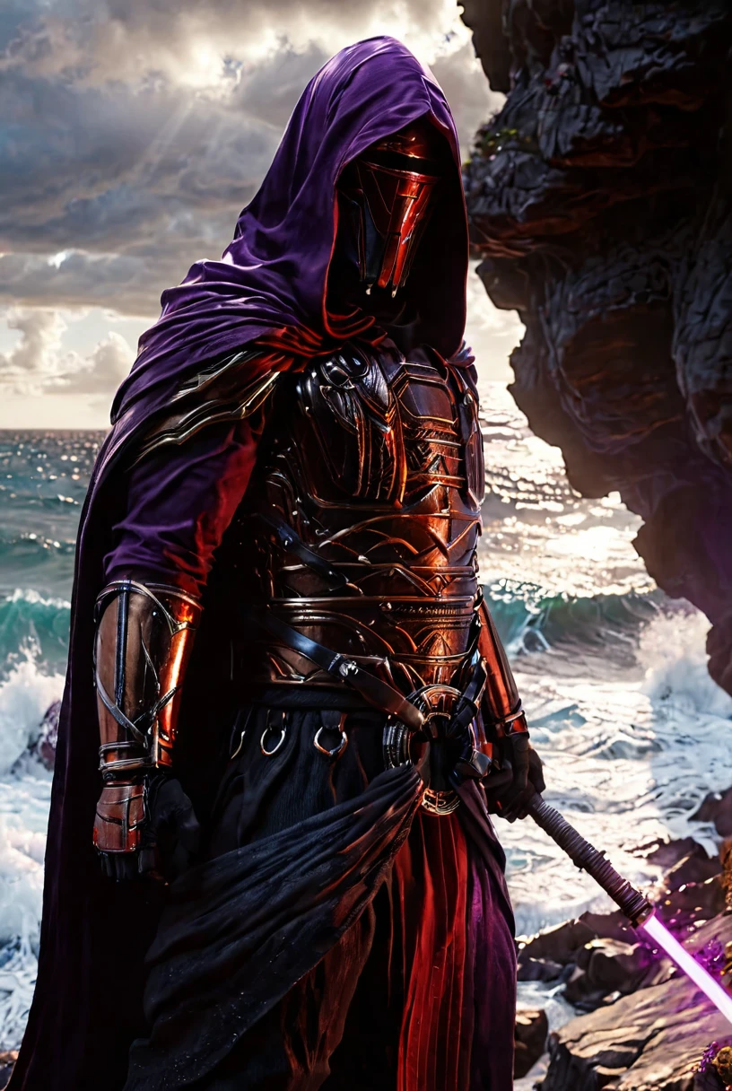 man standing holding lightsabers, intricate and detailed helmet,  rtx, field of view, cliff face, ocean, waves, dual wielding lightsabers
cinematic masterpiece, slow motion, accurate clothing, hooded, 7-DarthRevan, red and purple energy sword
[reflections, realistic lighting, light rays, beams of light, realistic, high quality photo, 4k]
 <lora:add-detail-xl:0.5> <lora:xl_more_art-full_v1:0.4> <lora:Darth Revan v1.0:0.9>