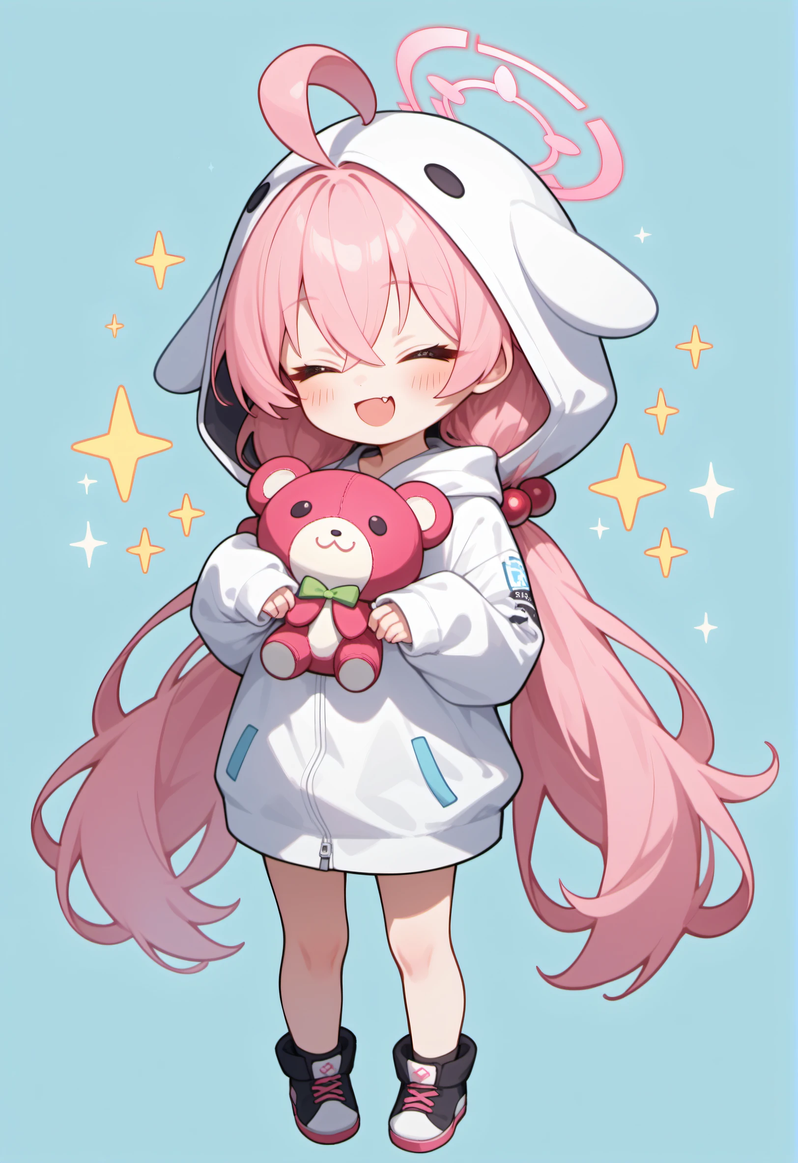score_9,score_8_up,score_7_up,1girl,hoshino (blue archive),fang,pink hair,solo,twintails,hood,ahoge,long hair,chibi,halo,low twintails,closed eyes,hair ornament,bangs,blush,smile,standing,full body,very long hair,open mouth,facing viewer,hair bobbles,hoodie,stuffed toy,long sleeves,hood up,stuffed animal,:d,skin fang,hair between eyes,white hoodie,holding,simple background,=_=,sparkle,sleeves past fingers,animal hood,