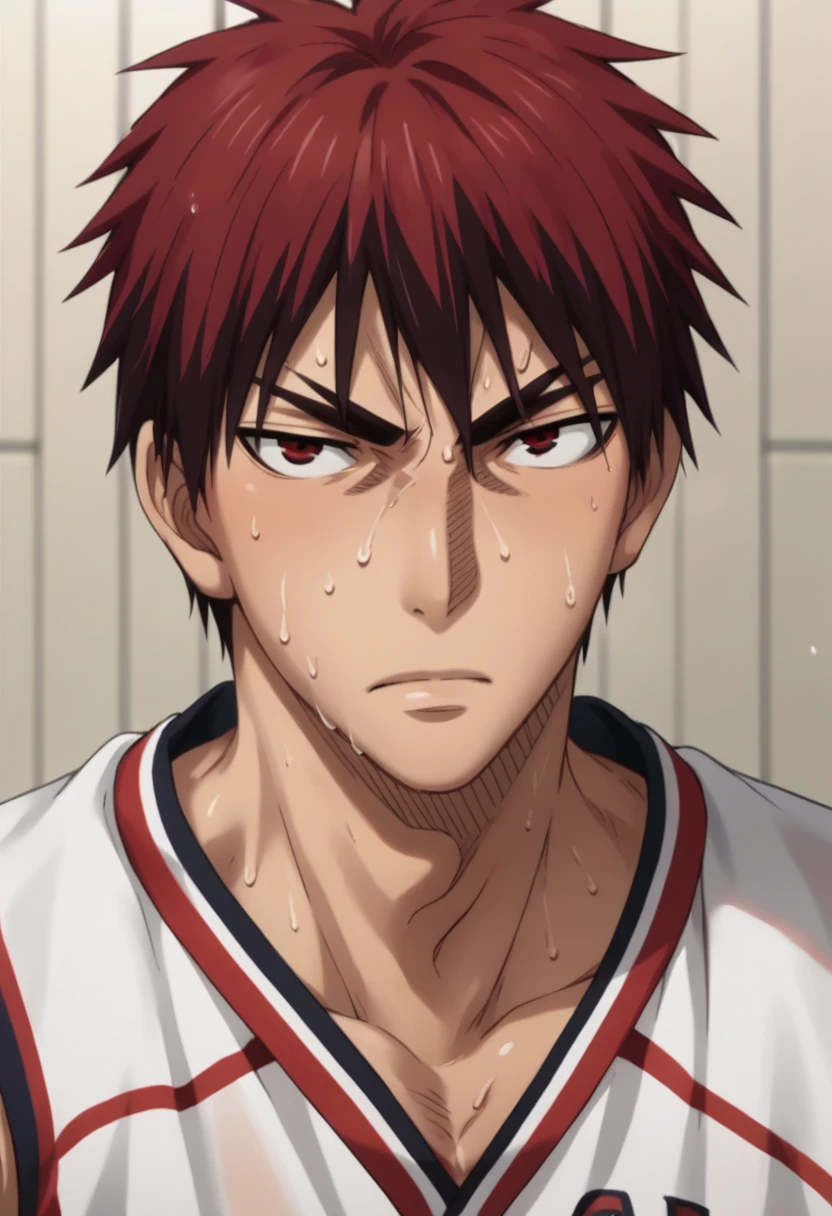 score_9, score_8_up, score_7_up, score_6_up, detailed, ,source_anime, taiga kagami, red hair, red eyes, 1boy, male focus, solo, white sportwear, sweat, basketball uniform,basketball, , source_<lora:EMS-403084-EMS:1.000000>