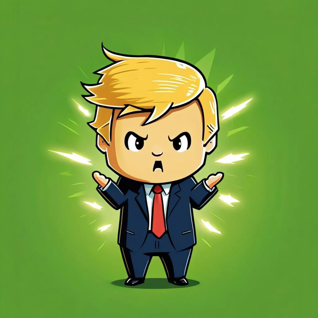 cartoon of Donald Trump in (ctswx:1.2) style, cute, chibi, joyous expression, action pose, glowing Chartreuse background, rim lighting, contrasting colors, <lora:Cute_Tshirt_Style_XL_v5.1-000017:1>