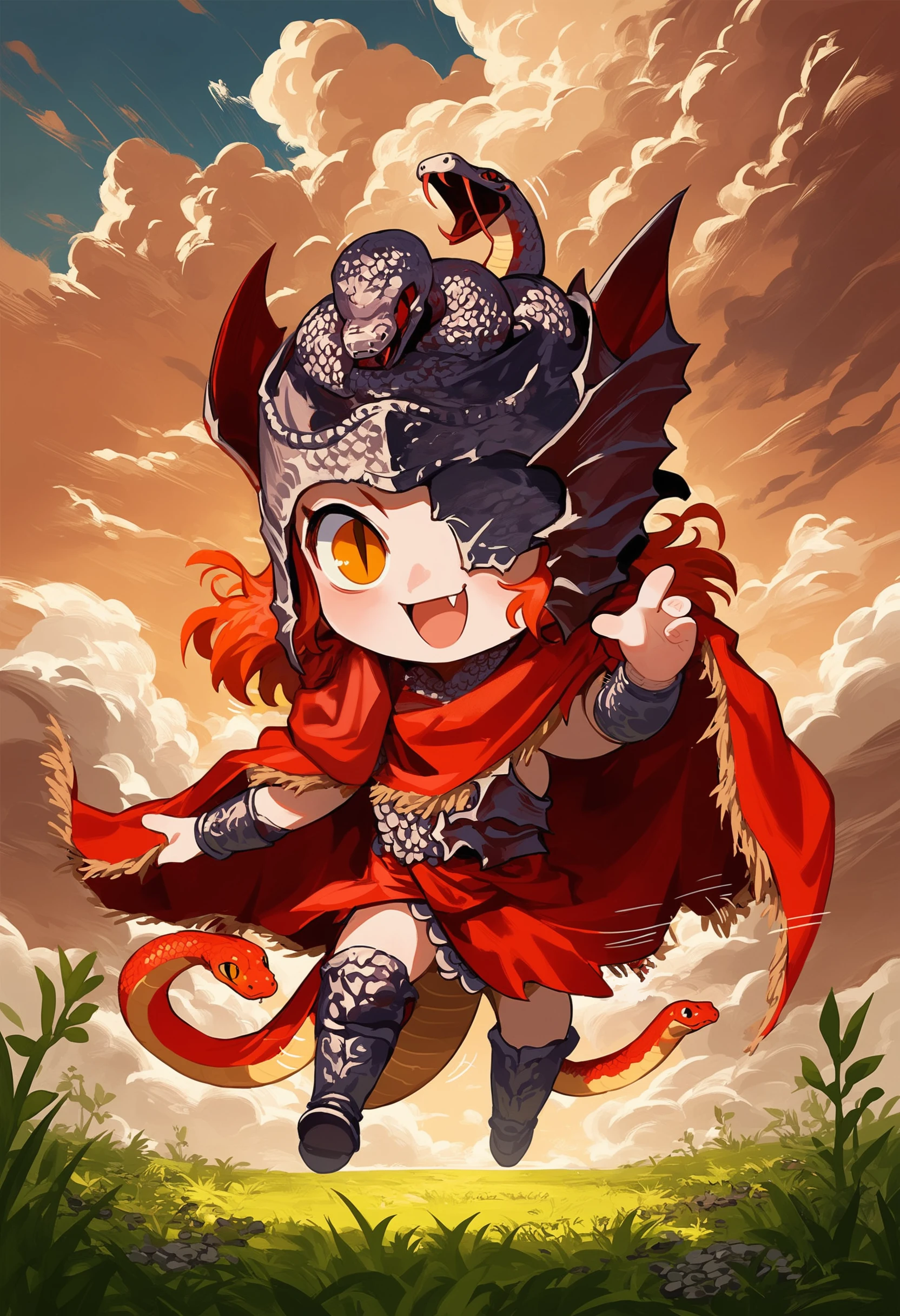 masterpiece,best quality,highly detailed,score_9,score_8_up,score_7_up,score_6_up,source anime,
BREAK
<lora:MessmerPony1.0:0.8>,
(chibi:1.2),solo,one eye covered,slit pupils,snake with bat wings,red hair,helmet,happy,
red cape,chainmail,greaves,
jumping,full body,
on grass,motion lines,cloudy sky,