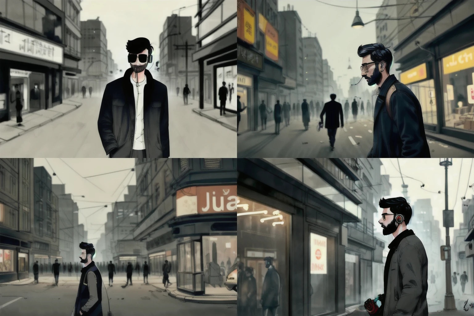 a STYLIST MAN WALKING DOWN THE BUSY CITY STREET,HE IS HAVING A HEADPHONE,CITY POLLUTION,CINEMATIC LIGHTING,COLORED,SMOKE <lora:add_detail:1>