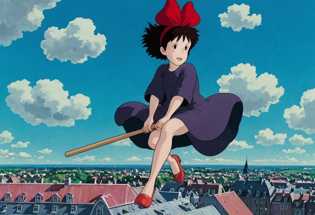 キキ・ラ・プティット・ソルシエールのスタイル, 1girl, kiki (魔女宅急便), ほうき, 空, 弓, ドレス, hair 弓 ...
