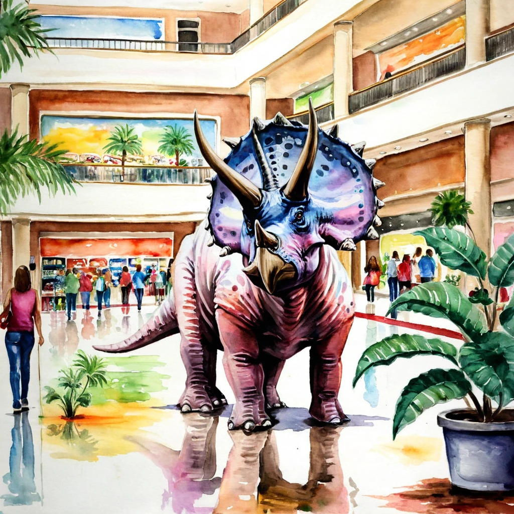 watercolor painting, triceratops in mall <lora:TriceratopsXL0_4:1>