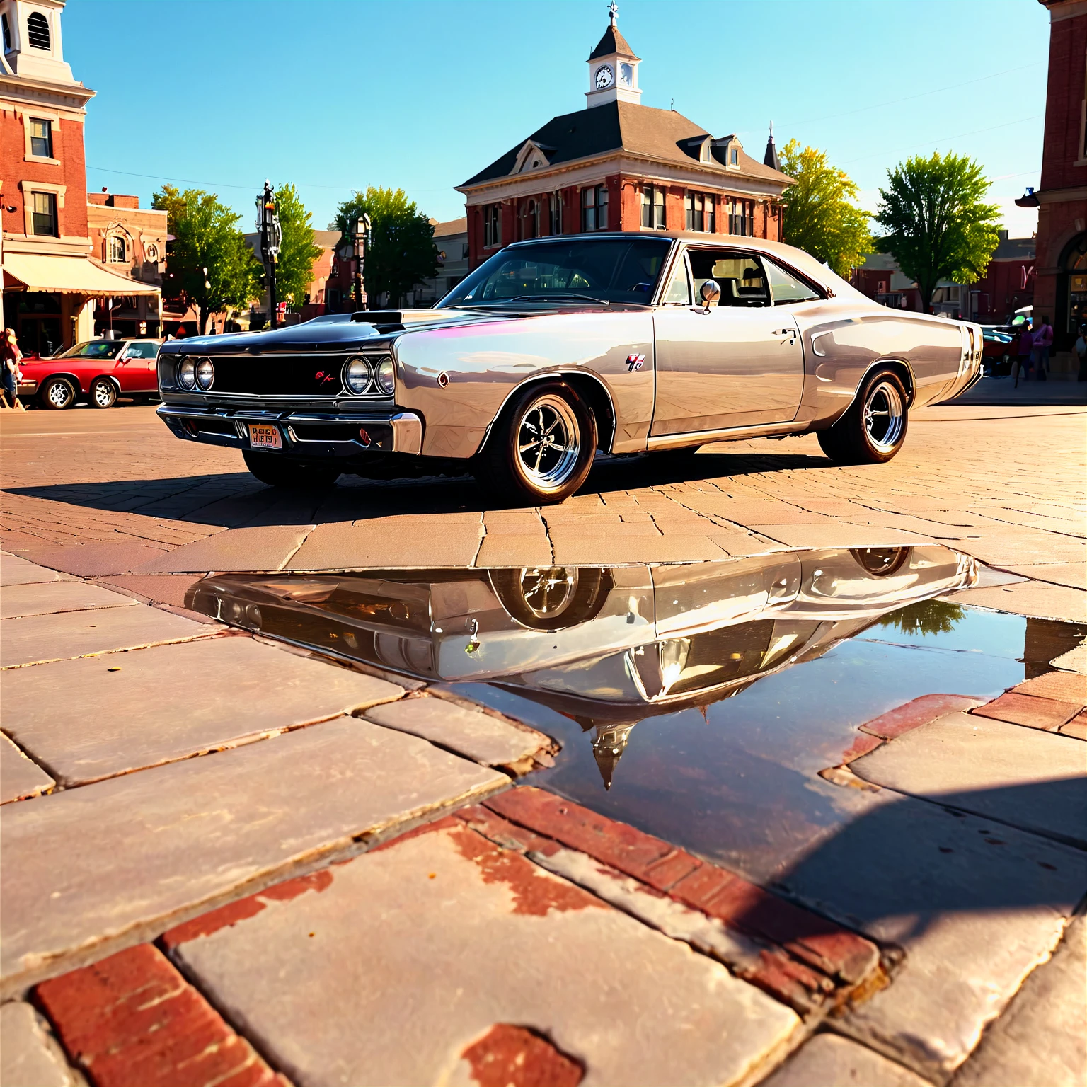 (establishing shot:1.5) (side view:1.5) high-resolution 8k realistic photograph of a mirrored chrome 68DodgeXL in a town square, clocktower, sunshine, studio lighting, rim lighting, shallow depth of field, <lora:68DodgeXL:0.85>