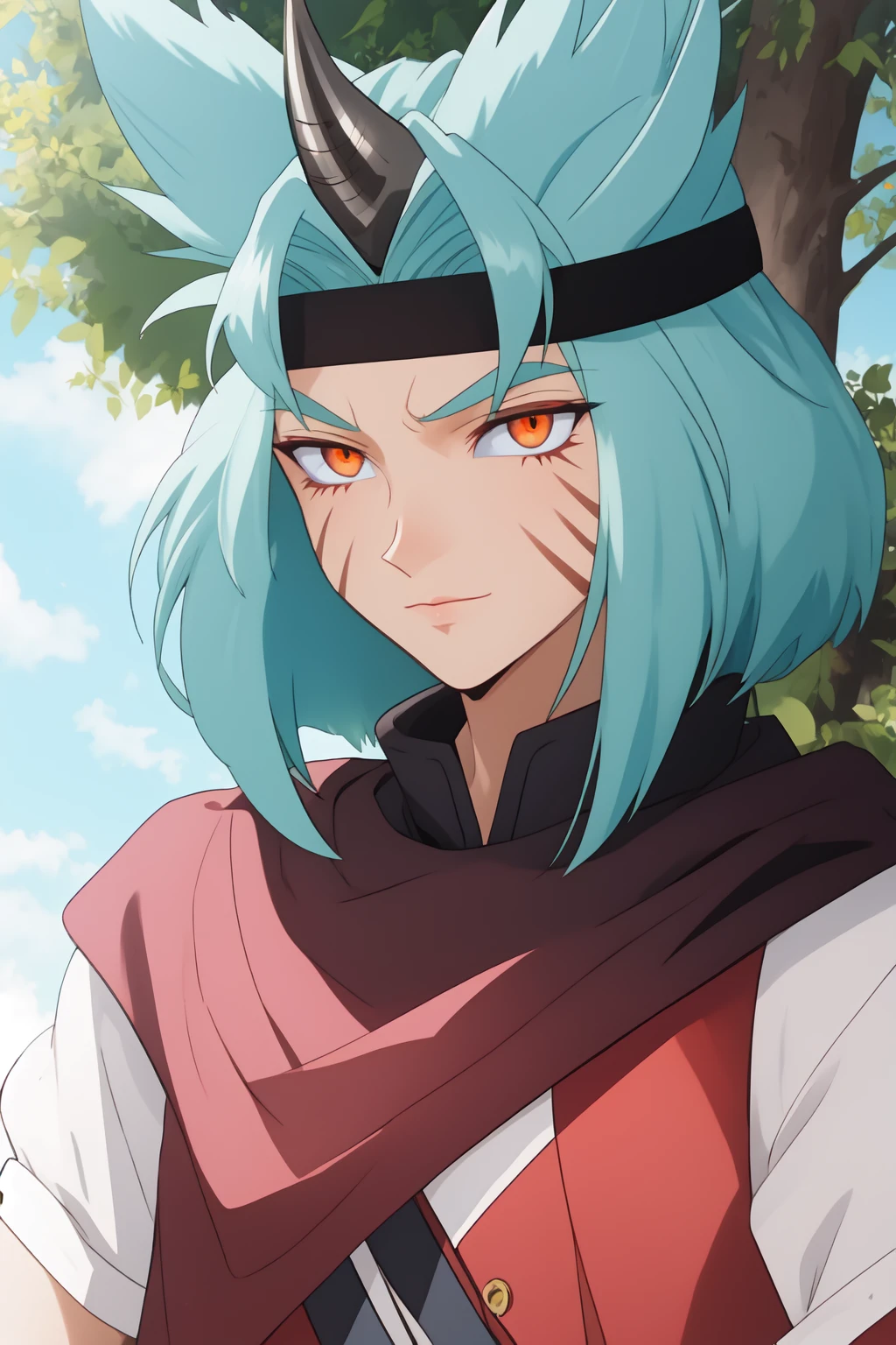 (valgaav:1.4), vibrant colors, colorful, original, orange eyes, cyan_hair, city, park, grass, trees,cape , facial mark, (headband:0.8), single horn <lora:Valgaav0001:0.6>, short hair, bare, high collar,