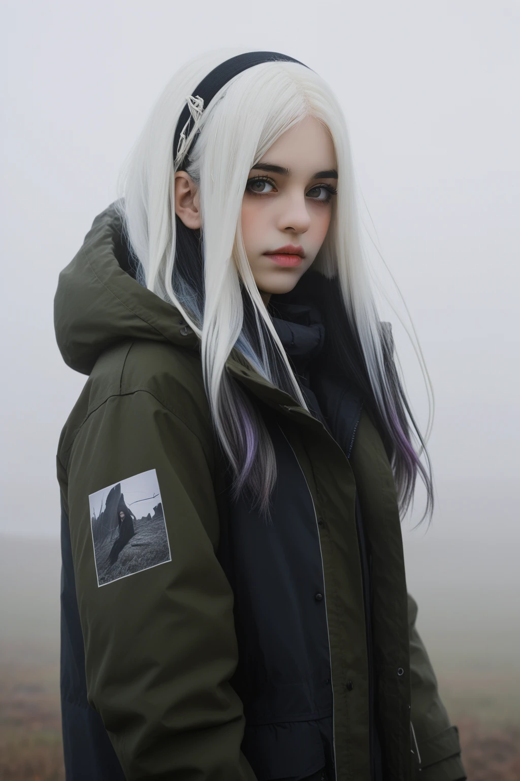 Gothic style, 1girl long hair, looking at viewer, simple background, black hair, white hair, multicolored hair, portrait, realistic, Foggy conditions, Parka, Printers