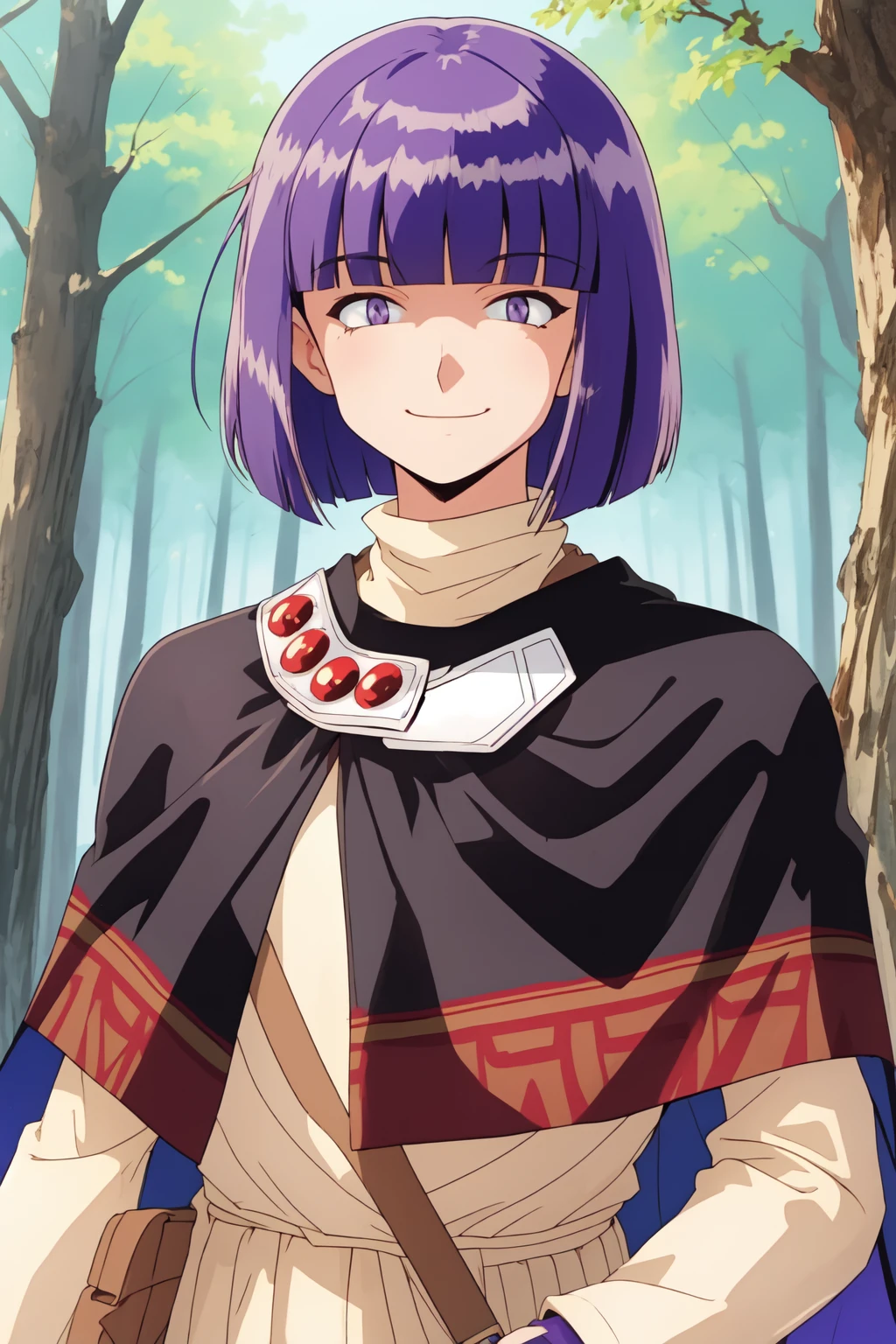 (xellos:1.2), solo male, 1boy, upper body portrait,vibrant colors, colorful, original, purple_hair, forest, capelet, smile, expressionless, neutral_expression, purple eyes, <lora:Xelloss01:0.8>, standing, bob cut, blunt bangs, retro artstyle,