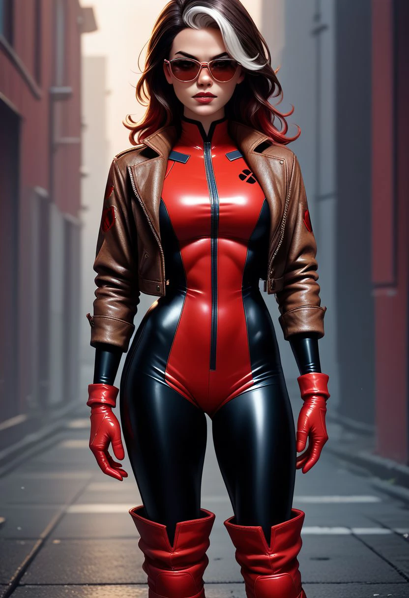 dskrge_xm3n, 1girl, Red Sunglasses, two tone body suit, brown leather jacket, multicolored clothes, multicolored bodysuit, red bodysuit, black bodysuit, kneehigh boots, red boots, score_9, score_8_up, score_7_up, score_6_up, score_5_up, score_4_up,