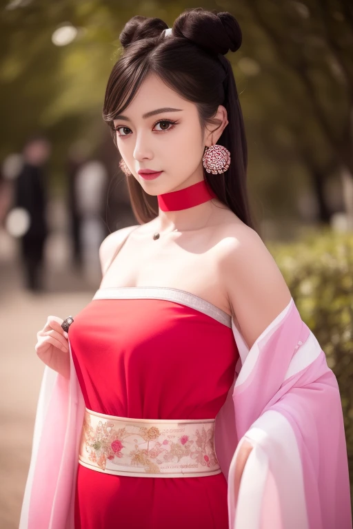 (masterpiece:1.4), (best quality:1.4), ultra high res, ultra high resolution, ((detailed facial features)), HDR, (realistic, photorealistic, photo-realistic:1.37), full body Esbian, sexy Vietnamese model, (-anime), vivid colors, ((vivid colors multicolor (red, fuchsia) very short hair)), (happy smile), lip-gloss, long lashes, ultra detailed metallic makeup, defined eyebrows, wearing large sparkling colorful jewelery, wearing a red silk Paradise Kiss cosplay dress with black floral embroidery, ((vivid colors outfit)), vivid colors, look at the camera, cinematic light, large park background with trees, sweet and sexy pose