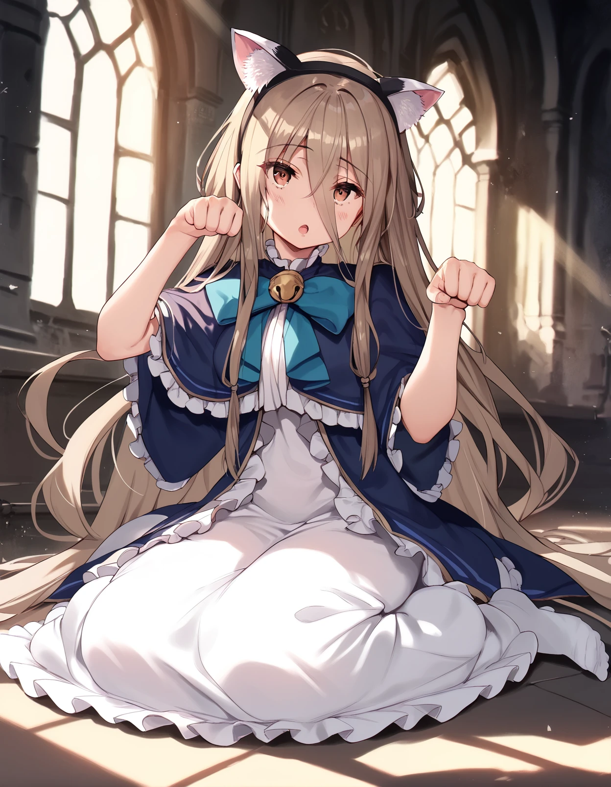 score_9, score_8_up, score_7_up,score_6_up,score_5_up,score_4_up, 1girl on the floor, paw pose, open mouth, fake cat ears, castle, sunlight, window,
<lora:karasu_chan_style_pony6_v1:1> <lora:sense_sousou no frieren_PONY_last:0.6> sense \(sousou no frieren\),brown eyes,very long hair,absurdly long hair,hair between eyes,eyes visible through hair, blue capelet,frilled dress,white long dress
