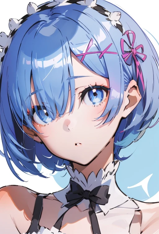 leimu, 1girl,solo,  blue eyes, rem \(re:zero\), x hair ornament, halterneck, short hair, blue hair,