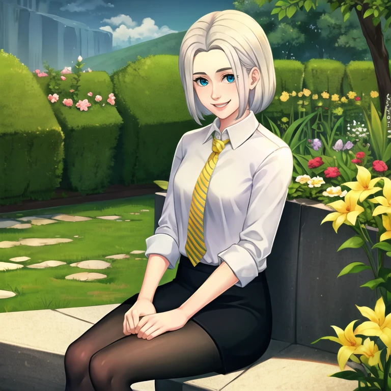 chiaralobosca, 1girl, solo, upper body, looking at viewer, (cowboy shot:1.1), white shirt, collared shirt, sleeves rolled up, yellow necktie, striped necktie, black pantyhose, black skirt, (medium breasts:0.6), looking at viewer, smile, (garden, outdoors, thighs, sitting), <lora:chiaralobosca:0.7>